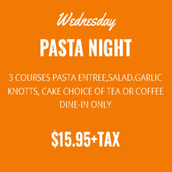 Orange graphic advertising Brunello's Wednesday Pasta Night with a 3-course meal for $15.95.