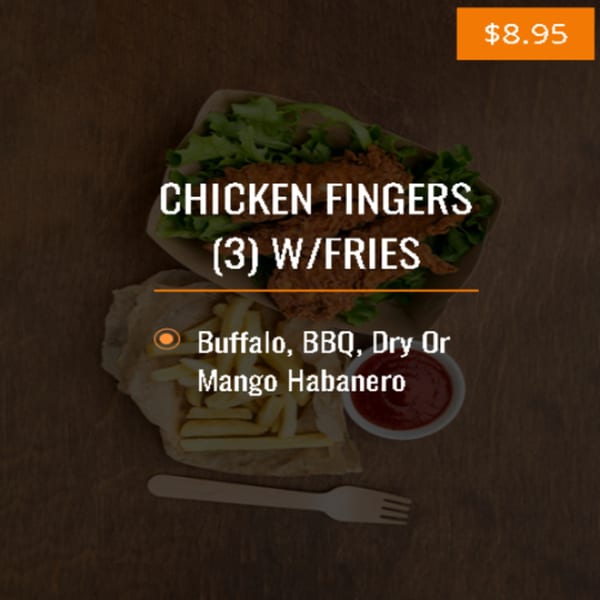 Three chicken fingers with fries, lettuce, and a side of ketchup, priced at $8.95.