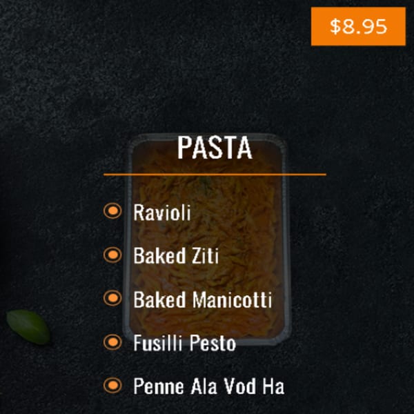 Brunello's Pasta menu with options like Ravioli, Baked Ziti, and Fusilli Pesto, priced at $8.95.