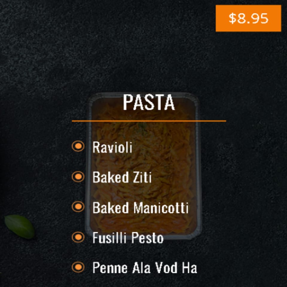 Brunello's Pasta menu with options like Ravioli, Baked Ziti, and Fusilli Pesto, priced at $8.95.