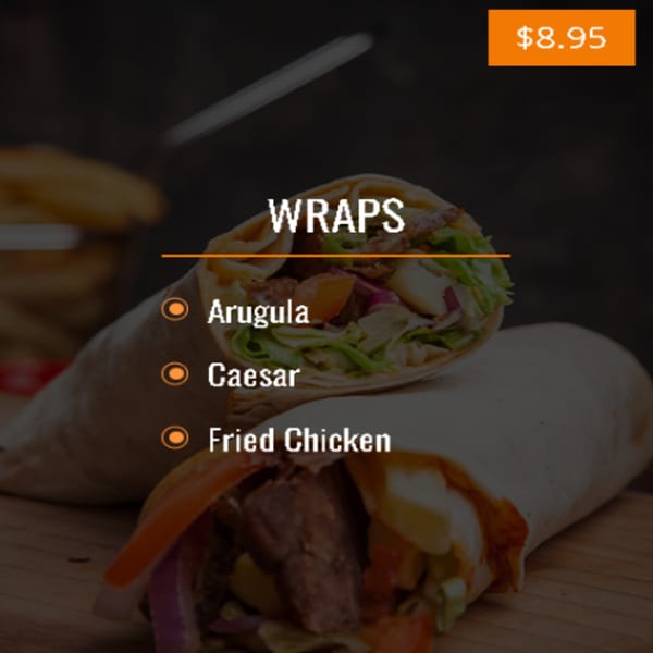 Brunello's Pizza & Pasta menu displaying wraps, including Arugula, Caesar, and Fried Chicken options.