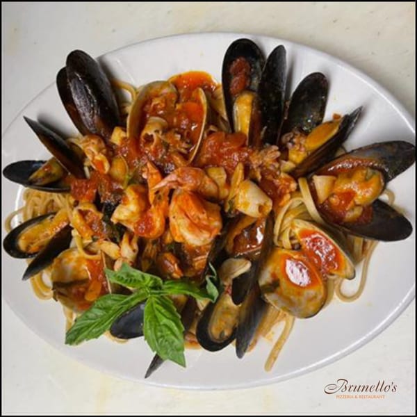Brunello's seafood linguine with mussels, clams, shrimp, and basil in a rich tomato sauce.